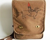 Gnome and Dachshund Messenger Bag-Field Bag-Screen Printed Cotton Canvas-  Gift Under 30 Dollars