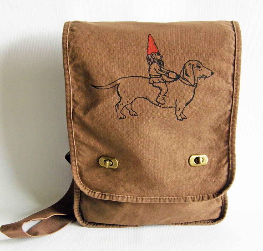 Gnome and Dachshund Messenger Bag-Field Bag-Screen Printed Cotton Canvas-  Gift Under 30 Dollars