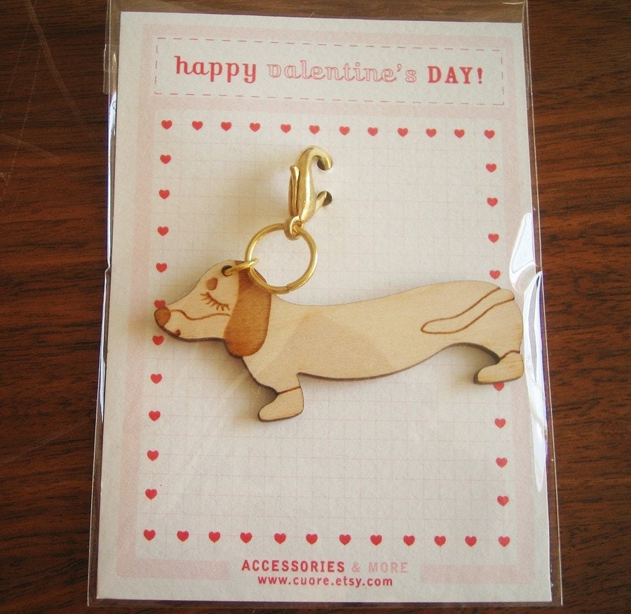 Valentine's Day Teriyaki the Dachshund Dog Wooden Engraved Keychain Zipper Pull with Card Packaging