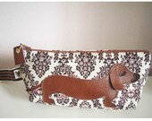 BBQ the Dachshund Cream Tan Black Vintage Inspired Cotton Canvas Floral Case with Vinyl Applique