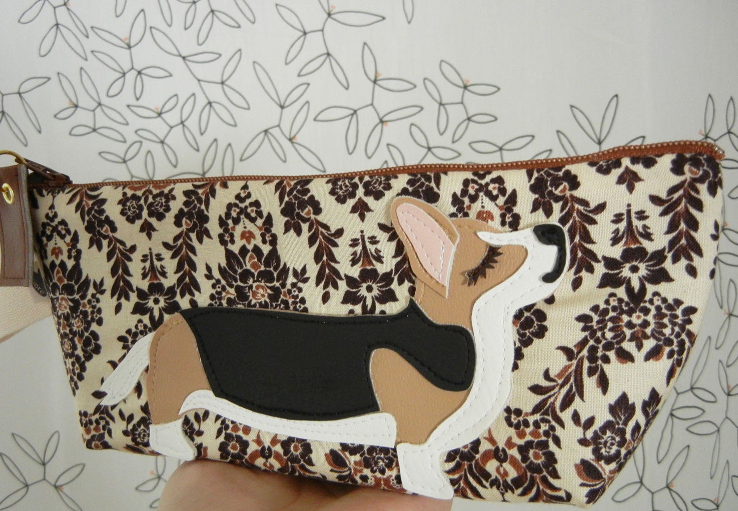 Beanie the Welsh Corgi Cream Tan Black Vintage Inspired Cotton Canvas Floral Case with Vinyl Applique