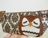 Stewart the Owl Cream Tan Black Vintage Inspired Cotton Canvas Floral Case with Vinyl Applique