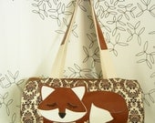 Grayson the Fox Cream Tan Black Vintage Inspired Cotton Canvas Floral Duffle Tote Bag Purse with Vinyl Applique