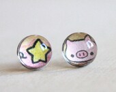 Little Pig with the Wishing Star Paper Image Stud Earrings. Surgical Steel Earrings Post. Piggy Earrings. Star Earrings. Gift for Girl