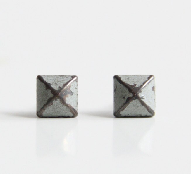 Grey Patina Verdigris Geometric Pyramid Metal Stud Earrings. Surgical Steel Earrings Post. Gift for Her - ALJoyeria