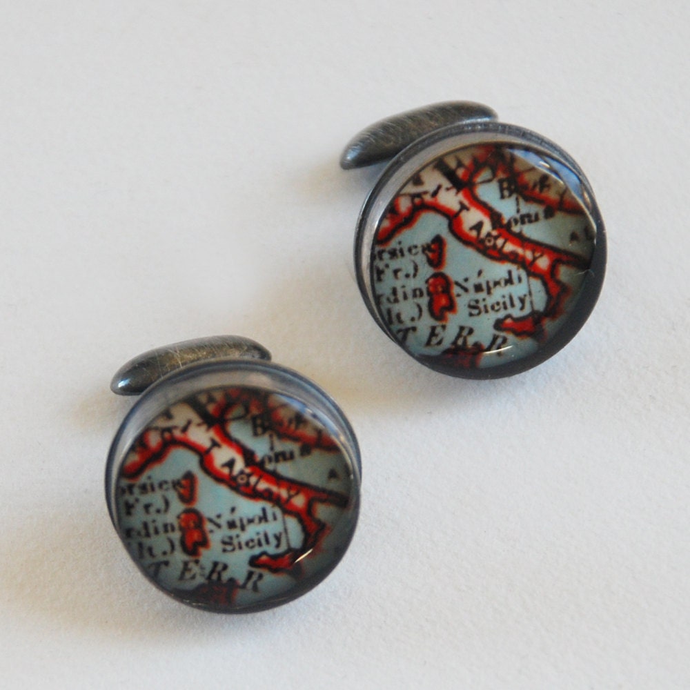 Italy - Antique Map Cufflinks in Handmade Sterling Settings