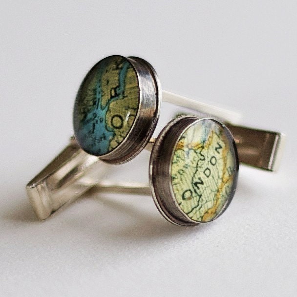 Vintage Map CUSTOM Solid Sterling Handmade Cufflinks