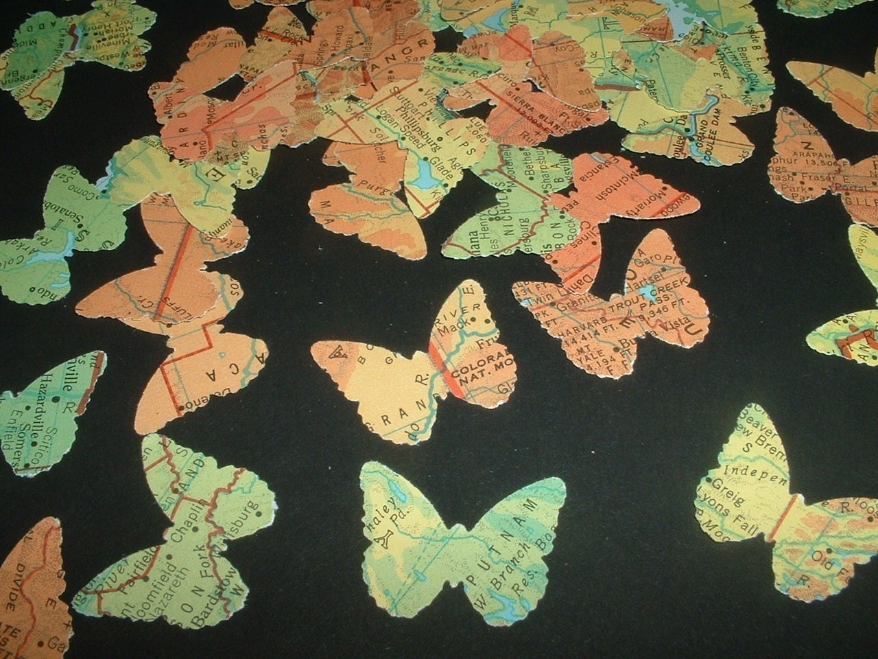 100 BRIGHT ORANGE Yellow and GREEN Butterfly Punches from Vintage Atlas Pages