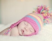 Newborn PomPom Hat with Earflaps Hand Crochet  Pink with Blue, Green and Yellow Ready to Ship