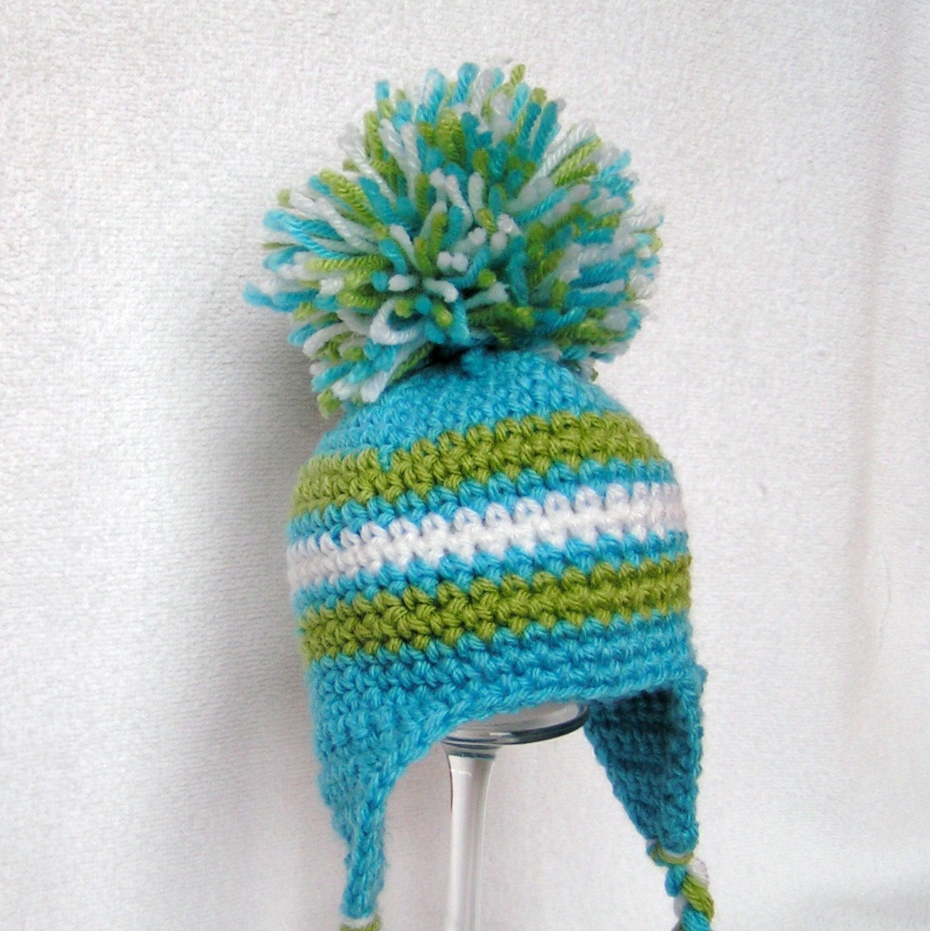 Baby PomPom Hat Hand Crochet Light Blue, Green and White Size Newborn ON SALE