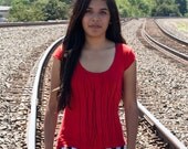 Silkscreen womens tshirt, red cap sleeve, strings design, S-XL, womans top, graphic tee