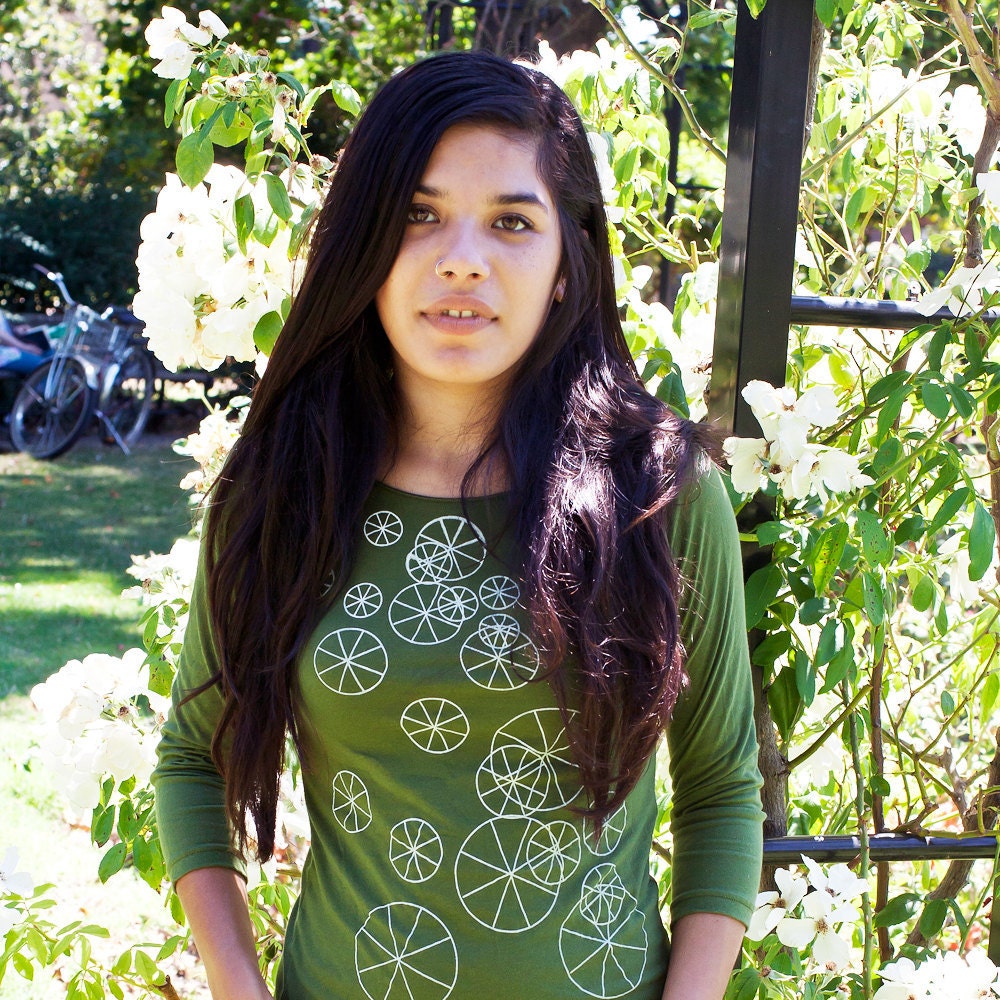 Silkscreen womens tshirt, olive green 3/4 sleeve, geometric wheels design, S-XL, womans top, graphic tee