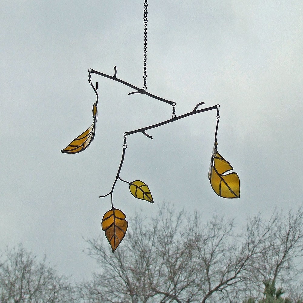 Elm Leaf Mobile from Reclaimed Amber Beer Bottle Glass