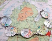 YOU CHOOSE Six Locations U.S. or International Custom Atlas Map City State Glass Marble Bracelet on Silverplated Form