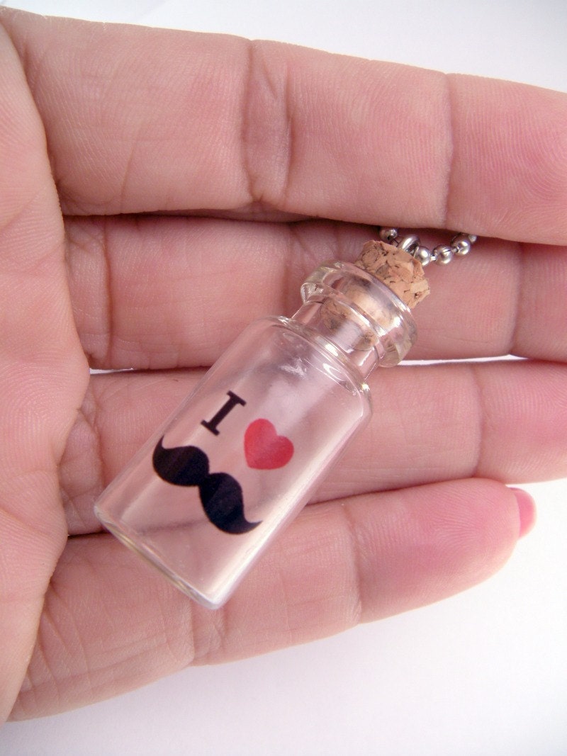 I Love Mustache Moustache Glass Bottle Vial Necklace with 18 Inch Ballchain