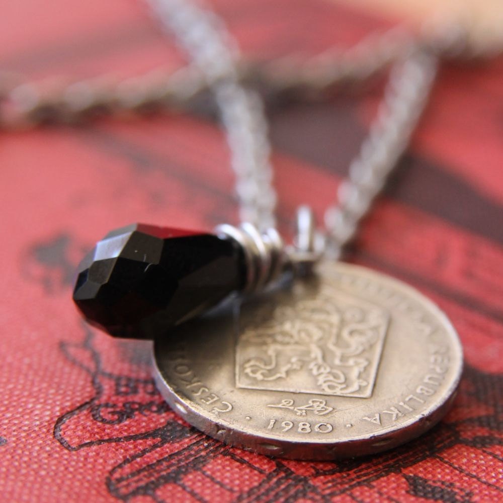 Black Shield Necklace with Vintage Coin and Black Glass