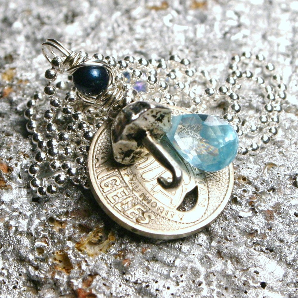 Singin' in the Rain ... Los Angeles Transit Token Necklace Aquamarine CZ Raindrop ... Rainy Day Hollywood Movie Sterling Silver for Her