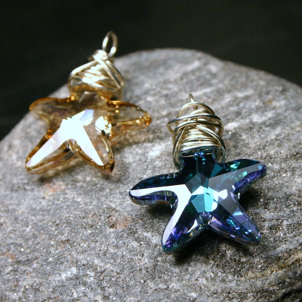 Gold or Blue Starfish Necklace - Bobby & Shelly - Swarovski in Golden Shadow or Aqua Vitrail on Sterling - Beach Lovers Women's Jewelry