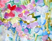 light blue pastel decor Floral abstract art, ORIGINAL Floral Landscape Painting 16x20" matted art, wildflowers turquoise pink fuchsia coral
