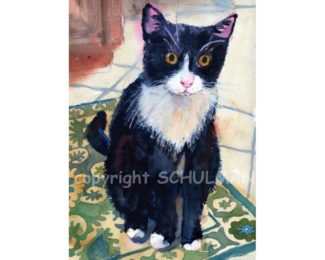 Black & White Tuxedo Cat, cat print from watercolor painting print black cat