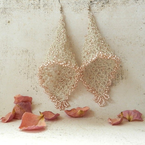 Wire Crochet Bridal Earrings Fairy Bells Lace Blush Pink Cone Shape Renaissance Wedding Jewelry