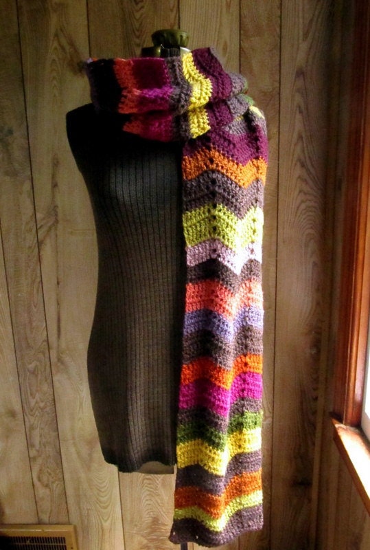 Multicolor Chevron Scarf Extra Long Warm Brown with Stripes