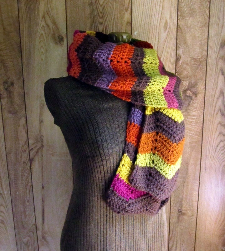 Multicolor Chevron Scarf Extra Long Warm Brown with Stripes