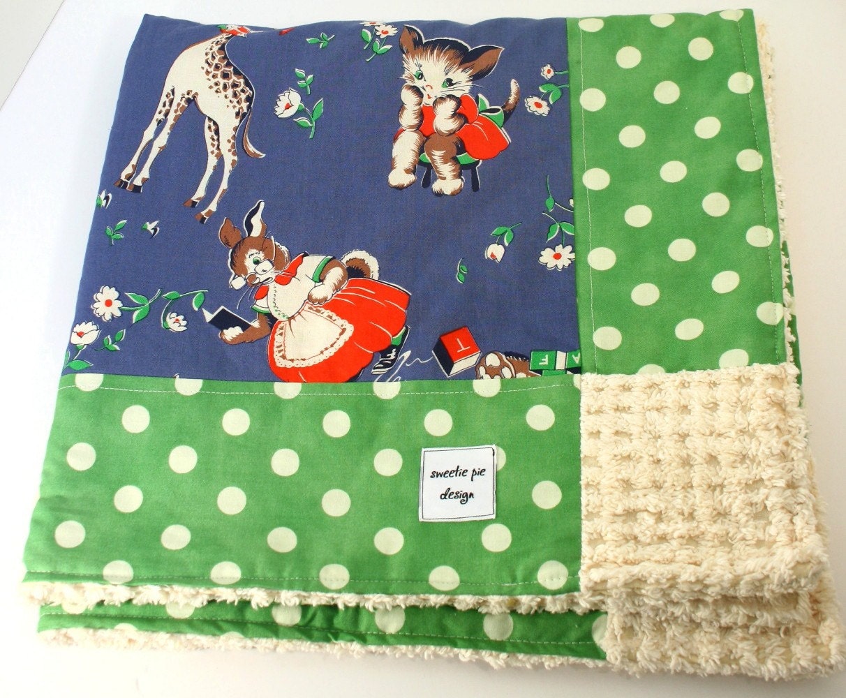 Sweet Vintage Animals  Baby to Toddler Chenille Stroller Blanket - READY TO SHIP