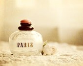 Fine Art Photograph, Dainty Paris Perfume Bottle with Rose, Creamy, Vintage Tone, Girly, Romantic, Bedroom Art, Home Decor, 8x10 Print