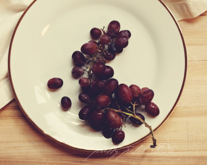 Still Life Photograph, Red Grapes on a White Plate, Bunch, Food, Fruit, Kitchen Art, Muted Tones, Polaroid Feel, Home Decor . 8x10 Print