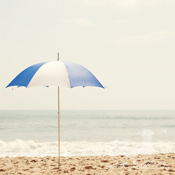 Fine Art Photograph, Blue and White Beach Umbrella, Summertime, Virginia Beach, Ocean, Sand, Waves, Teal Tones, Square 12x12 Print - PrettyPetalStudio