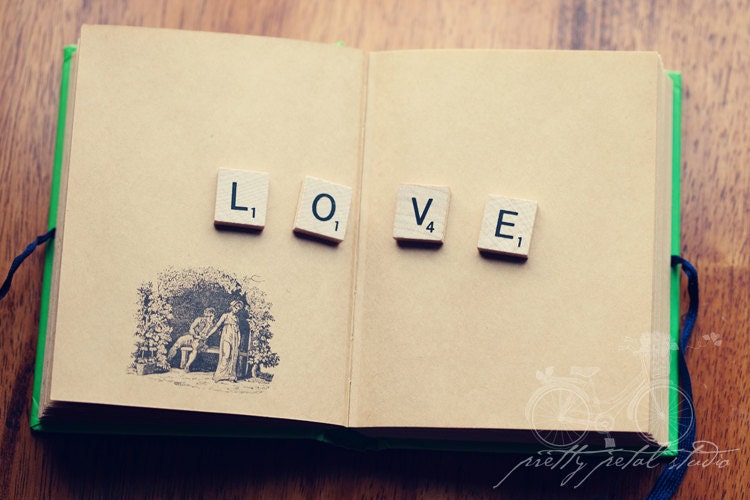 Fine Art Photography, Whimsy Art, Scrabble Tiles Spell LOVE, Blank Journal With Romantic Drawing, Inspirational Art, Warm Tones, 4x6 Print