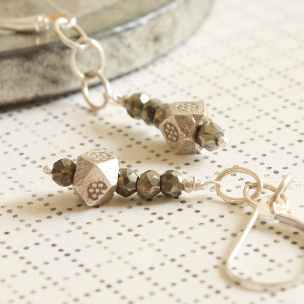 Pyrite Dangle Earrings with Octagon Thai Silver Beads