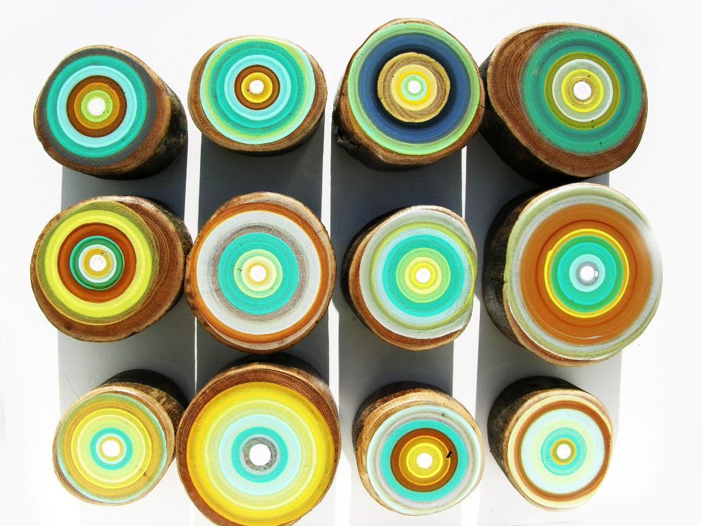 Eco Friendly Abstract Art on Salvaged Wood Rustic Colors Set of 12 SMALL painted tree rings