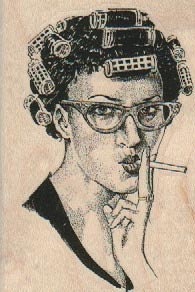 Retro woman in curlers smoking cigarette  stamp  wood Mounted   rubber stamp    stamp number 18412