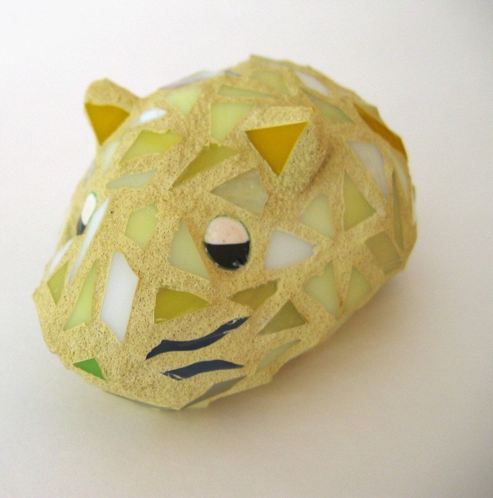 Sleepy Mouse Stained Glass Mosaic on Concrete Garden Critter