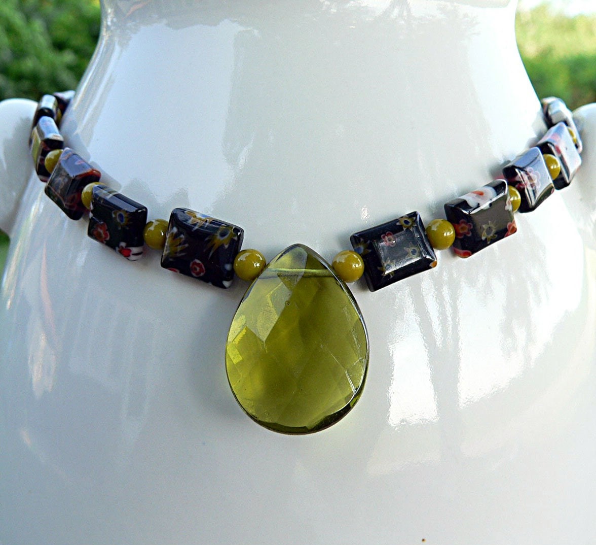 Beaded Necklace, strand necklace, millefiore necklace (no. 574) Black and Olive Teardrop