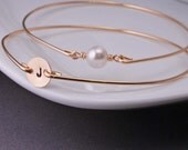 Personalized Gold Bangle Bracelet Set TWO Custom 14k Gold Filled Stamped Bracelet, Pearl