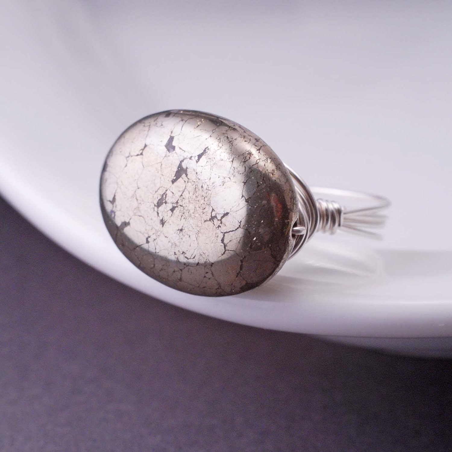 Pyrite Ring, Fool's Gold Ring, Sterling Silver Wire Wrapped Ring, Cocktail Ring