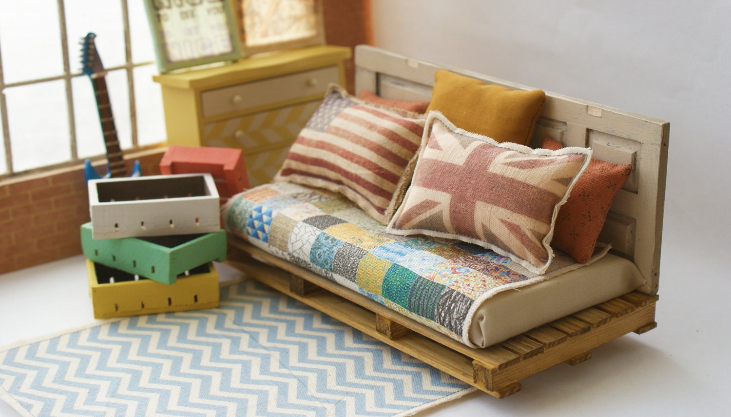 Blue Chevron Print Dolls House Rug - 12th Scale - Choice of colours