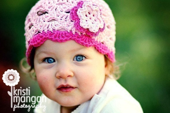 Girls Hat, Newborn Hat, Child Crochet Hat, Pastel Pink, Tea Fuchsia Flower Beanie Baby Hat, Photography prop, READY TO SHIP