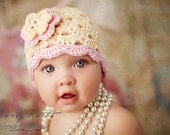 NEW 6-12 Month Crochet Beanie With Flower - cream, pastel pink