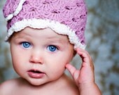 6-12 Month Crochet Beanie With Flower - mauve, eggshell, mauve