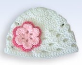 0-6 Month Crochet Beanie With Flower - white, fuchsia, pastel pink