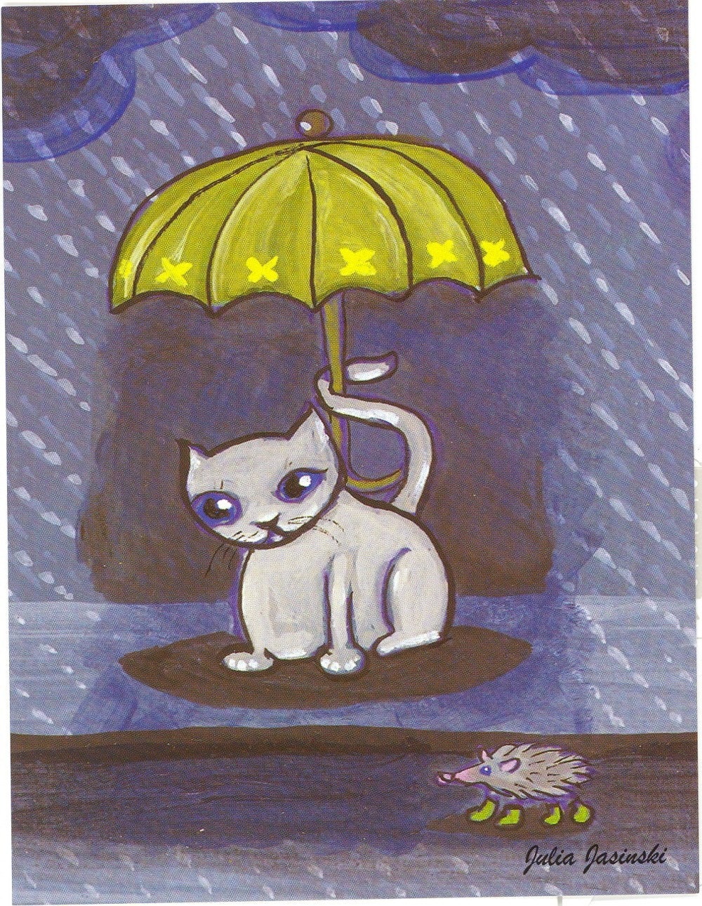 postcard rain cat and mouse