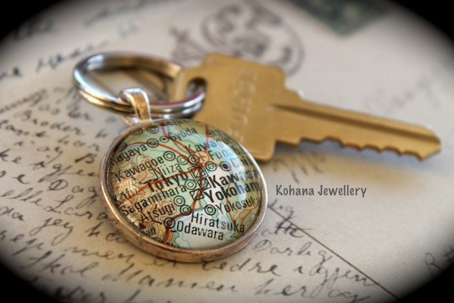 FREE SHIPPING Custom Vintage Map Keychain