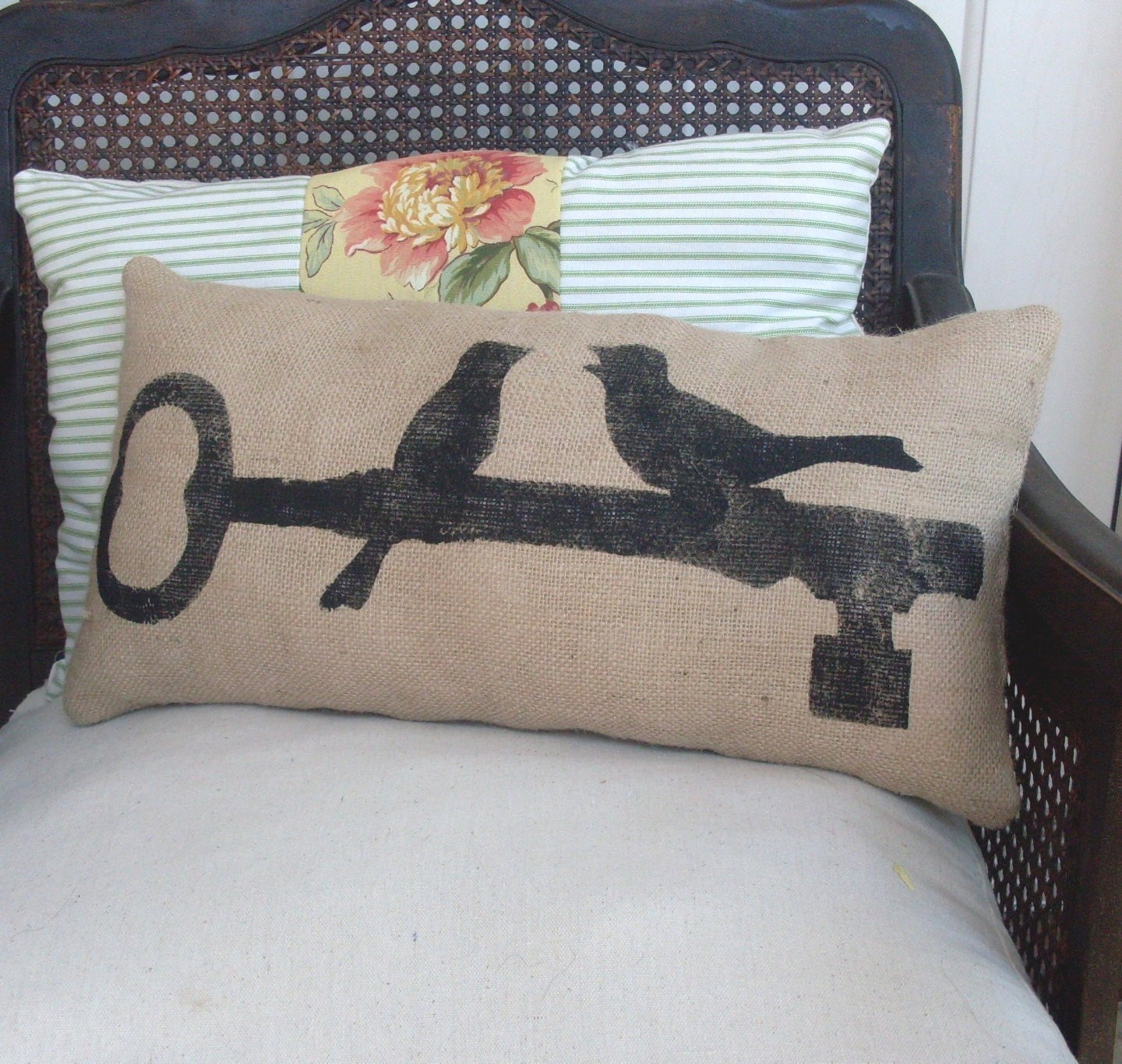 Love Birds Perched on Key  - Burlap Pillow -