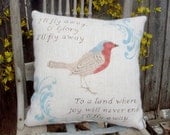 Fly Away - Burlap Pillow - Bird Pillow with Hymn