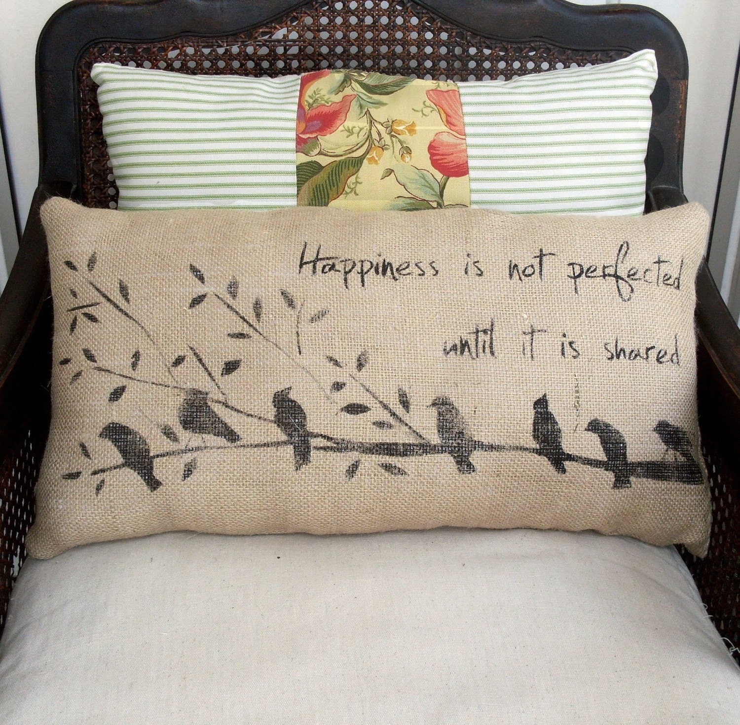 Happiness, Birds on a Branch - Burlap  Pillow - Hand Painted Bird Pillow with Quote