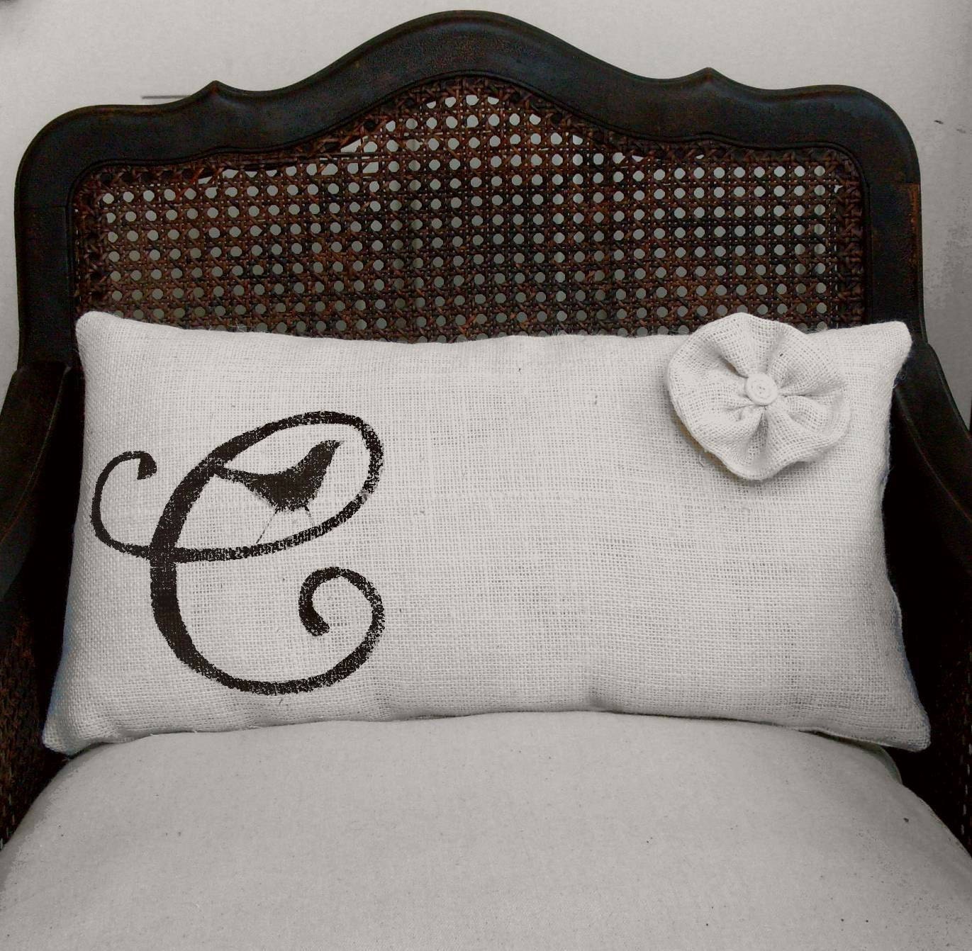 Bird Letter Custom Monogram  - Burlap Lumbar Pillow w/ Flower